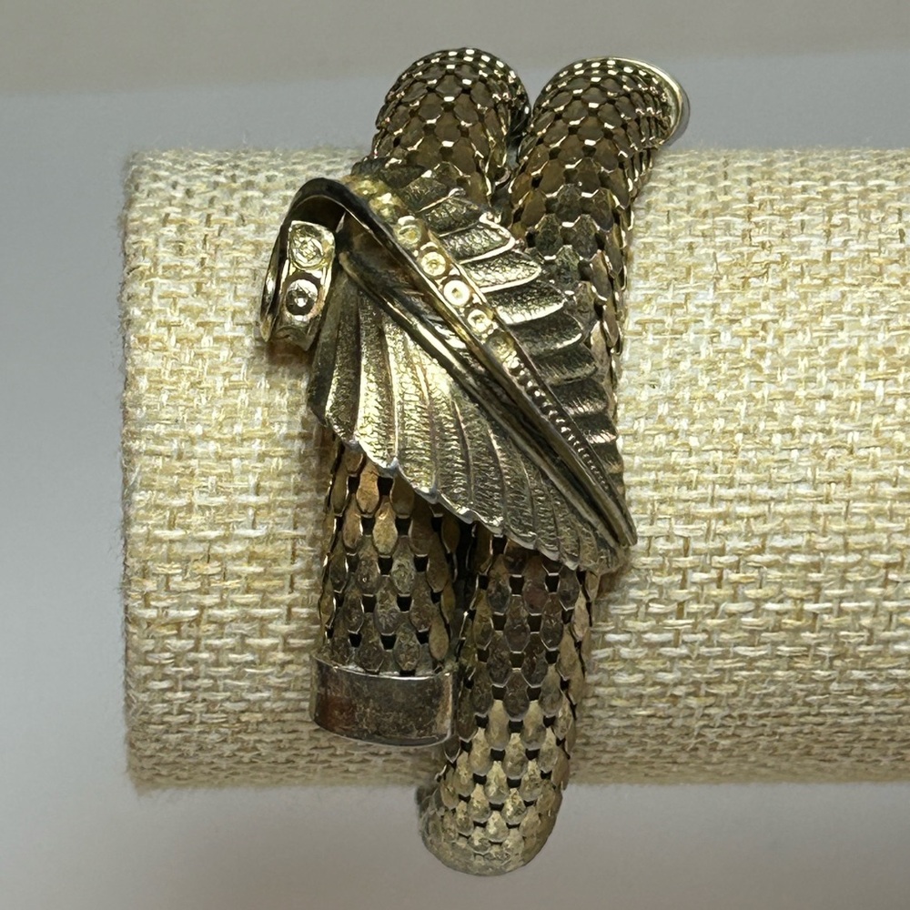 Unique Vintage Gold Leaf Design Woven Metal Wrap Cuff Bracelet Rhinestone Accent